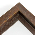 This shades of Walnut floater frame features a 1-1/2 flat profile, with rustic finish and vertical line detailing.